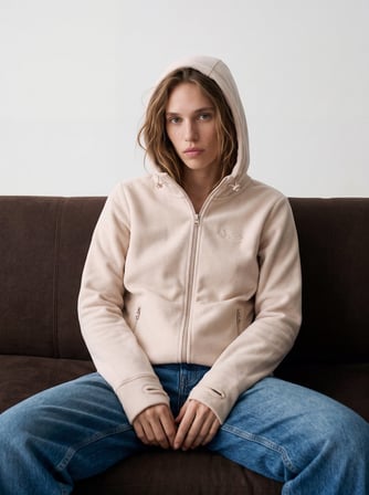Regular Fit Fermuarlı Polar Krem Sweatshırt