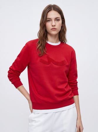Regular Fit Sign Baskılı Bisiklet Yaka Kırmızı Sweatshırt