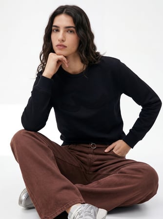 Regular Fit Sign Baskılı Bisiklet Yaka Siyah Sweatshırt