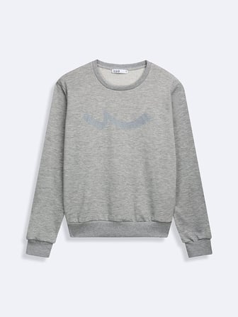 Regular Fit Sign Baskılı Bisiklet Yaka Gri Sweatshırt
