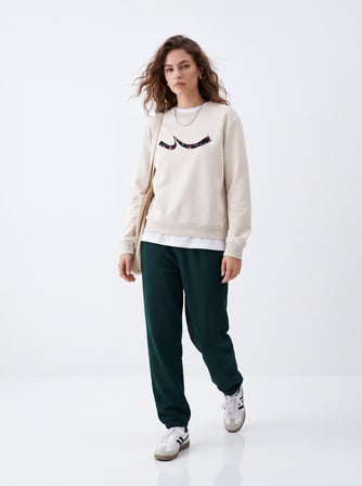 Regular Fit Sign Baskılı Bisiklet Yaka Krem Sweatshırt