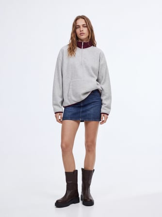 Relaxed Fit Yarım Fermuarlı Polar Gri Sweatshırt