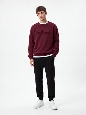 Regular Fit Sign Baskılı Bisiklet Yaka Bordo Sweatshırt