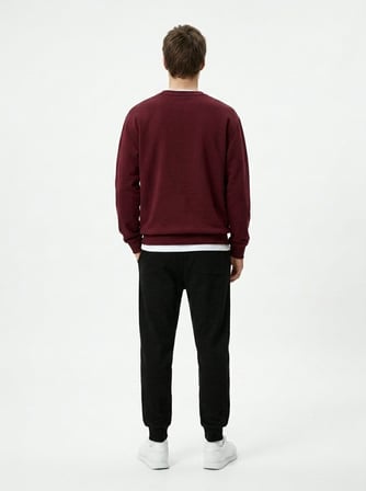 Regular Fit Sign Baskılı Bisiklet Yaka Bordo Sweatshırt