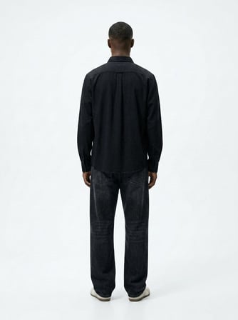 Slim Fit Yaka Detaylı Uzun Kollu Siyah Gömlek