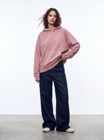 Regular Fit Faded Fabric Kapüşonlu Pembe Sweatshırt