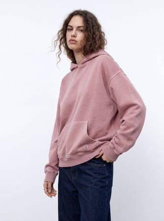 Regular Fit Faded Fabric Kapüşonlu Pembe Sweatshırt