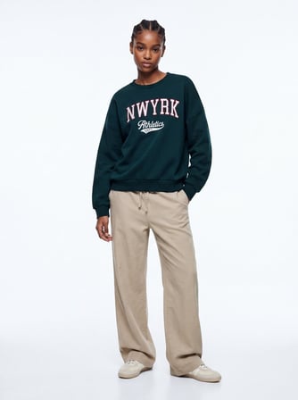 Relaxed Fit Yazı Baskılı Bisiklet Yaka Yeşil Sweatshırt