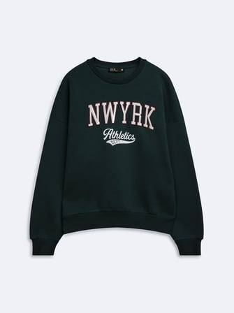 Relaxed Fit Yazı Baskılı Bisiklet Yaka Yeşil Sweatshırt