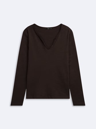Regular Fit Flamlı V Yaka Kahverengi Sweatshırt