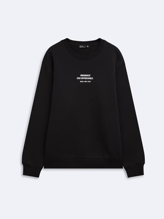 Regular Fit Yazı Baskılı Bisiklet Yaka Siyah Sweatshırt