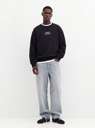 Regular Fit Yazı Baskılı Bisiklet Yaka Siyah Sweatshırt