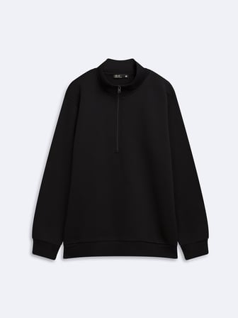 Regular Fit Dik Yaka Yarım Fermuarlı Siyah Sweatshırt