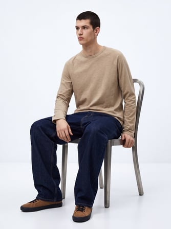 Regular Fit Reglan Kollu Basic Bej Sweatshırt