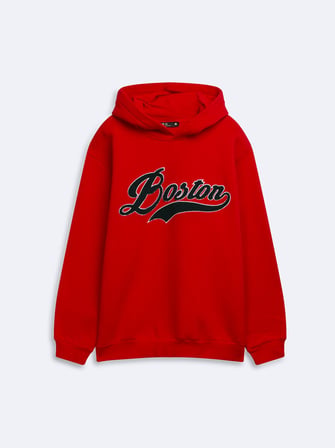 Regular Fit Baskı Detaylı Kapüşonlu Kırmızı Sweatshırt