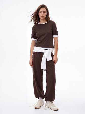 Regular Fit Flamlı Basic Kahverengi Sweatshırt