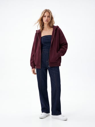 Relaxed Fit Fermuarlı Kapüşonlu Bordo Sweatshırt