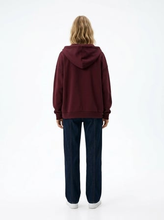 Relaxed Fit Fermuarlı Kapüşonlu Bordo Sweatshırt