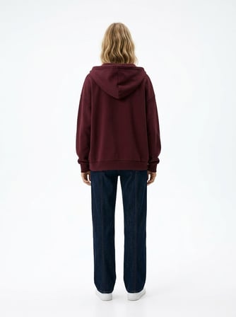 Relaxed Fit Fermuarlı Kapüşonlu Bordo Sweatshırt