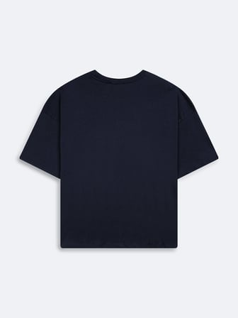 Relaxed Fit Kadife Yazı Baskılı Lacivert T-shırt