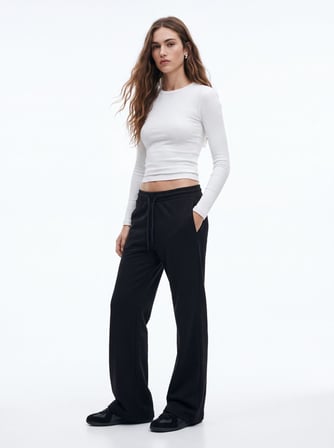 Regular Fit Beli Bağlamalı Siyah Pantolon