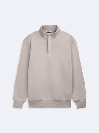 Regular Fit Dik Yaka Düğme Detaylı Bej Sweatshırt