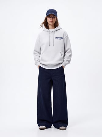 Relaxed Fit Baskı Detaylı Kapüşonlu Beyaz Sweatshırt