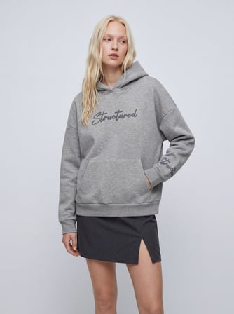 Relaxed Fit Yazı Baskılı Kapüşonlu Gri Sweatshırt