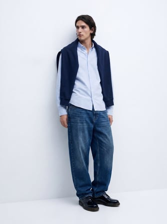 Relaxed Fit Sign Baskılı Uzun Kollu Mavi Gömlek