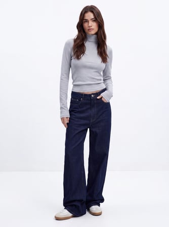 Slim Fit Ribanalı Uzun Kollu Mavi Sweatshırt
