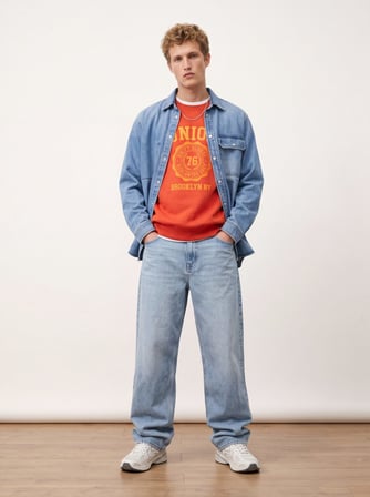 Relaxed Fit Baskı Detaylı Bisiklet Yaka Turuncu Sweatshırt