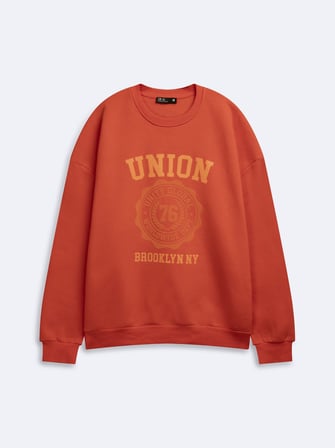Relaxed Fit Baskı Detaylı Bisiklet Yaka Turuncu Sweatshırt