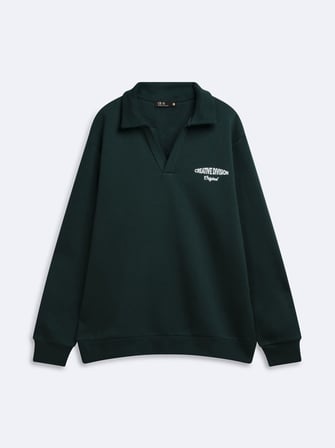 Regular Fit V Yaka Yazı Baskılı Yeşil Sweatshırt