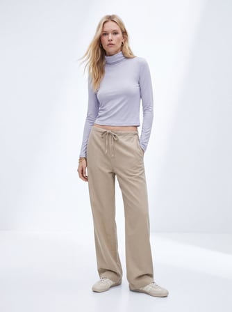 Relaxed Fit Tencel Beli Bağlamalı Açık Bej Pantolon