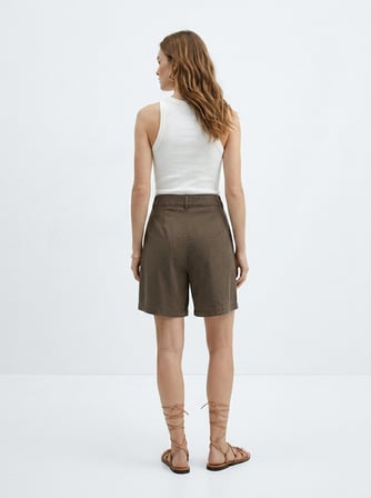Comfort Fit Yüksek Bel Pile Detaylı Haki Şort