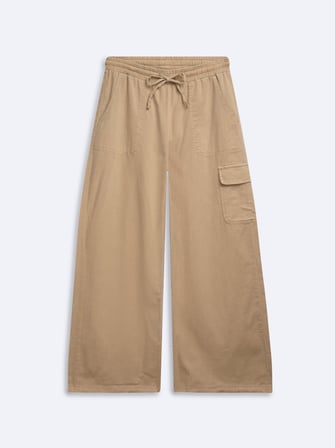 Kargo Keten Karışımlı Geniş Paça Bej Pantolon