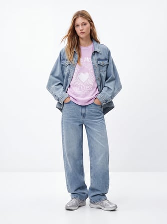 Relaxed Fit Faded Fabric Baskı Detaylı Lila T-shırt