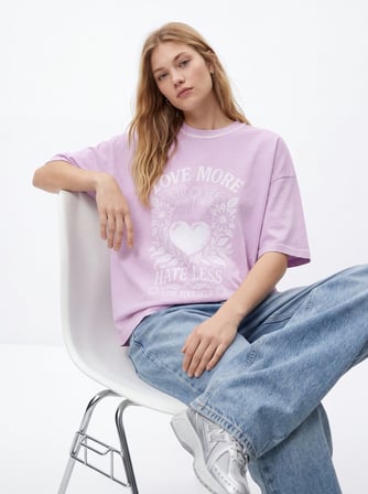 Relaxed Fit Faded Fabric Baskı Detaylı Lila T-shırt