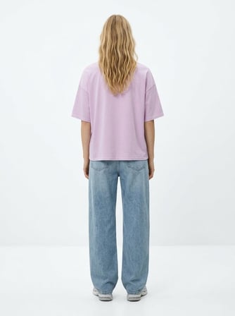 Relaxed Fit Faded Fabric Baskı Detaylı Lila T-shırt