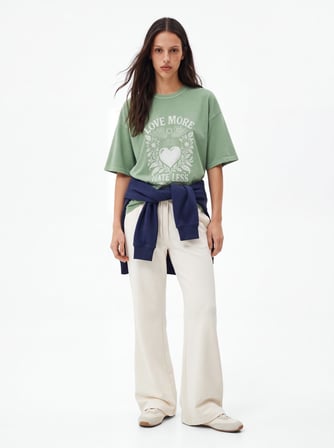 Relaxed Fit Faded Fabric Baskı Detaylı Yeşil T-shırt