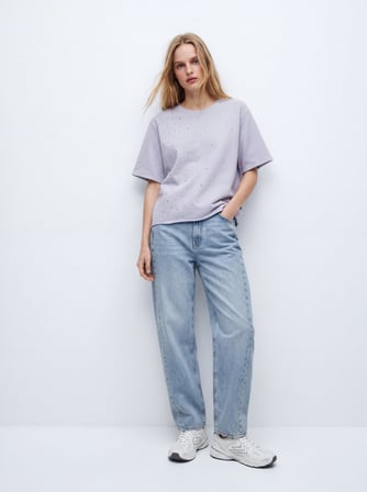 Baby Tee Faded Fabric Taş Detaylı Lila T-shırt