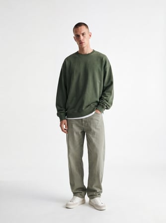 Regular Fit Faded Fabric Bisiklet Yaka Yeşil Sweatshırt