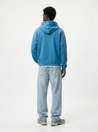 Relaxed Fit Faded Fabric Yazı Baskılı Mavi Sweatshırt