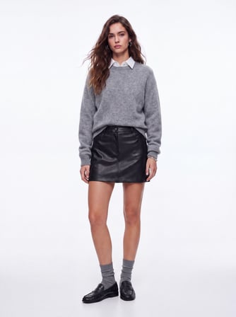 Slim Fit Deri Görünümlü Mini Siyah Etek