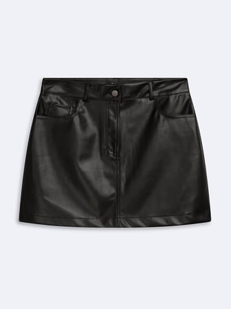 Slim Fit Deri Görünümlü Mini Siyah Etek