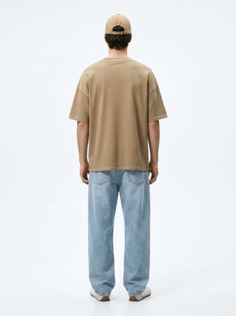 Relaxed Fit Faded Fabric Basic Bej T-shırt