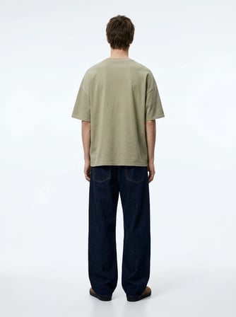 Relaxed Fit Faded Fabric Basic Yeşil T-shırt