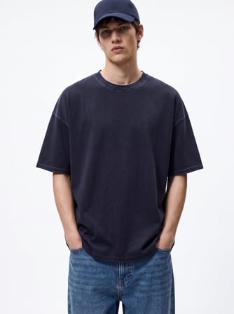 Relaxed Fit Faded Fabric Basic Lacivert T-shırt
