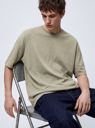 Relaxed Fit Faded Fabric Basic Yeşil T-shırt