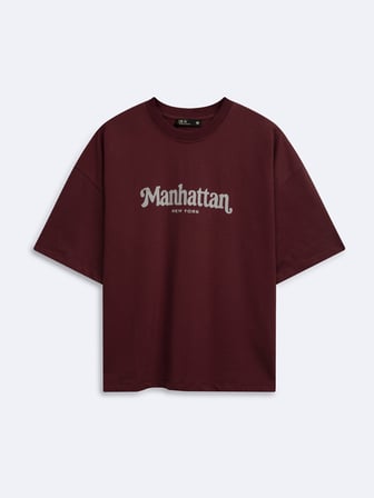Relaxed Fit Yazı Baskılı Bordo T-shırt